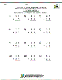 first grade math sheet column addition 2 digits no carrying 2