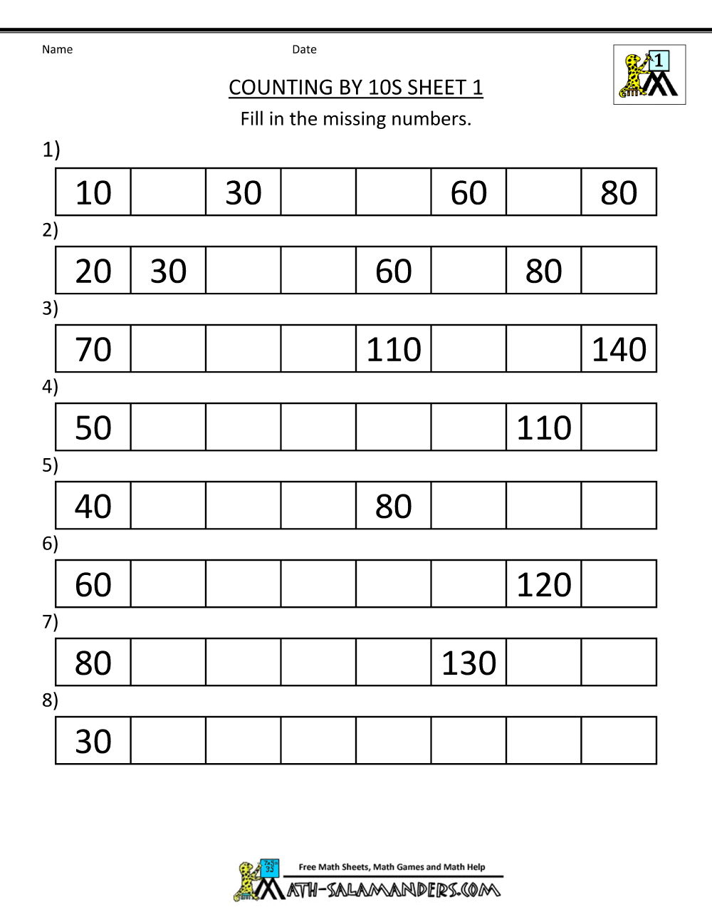 1111st Grade Math Worksheets Counting by 1111s 11s and 11111s For Counting By 10s Worksheet
