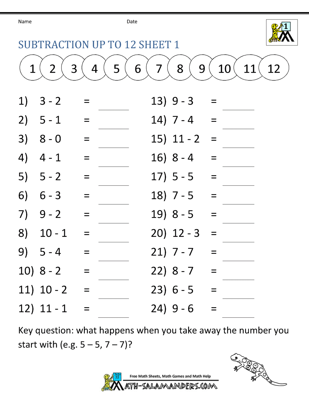 Subtraction Facts Worksheets 1st Grade