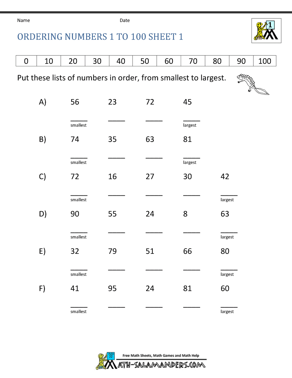Basic Math Worksheets - Ordering Numbers to 100