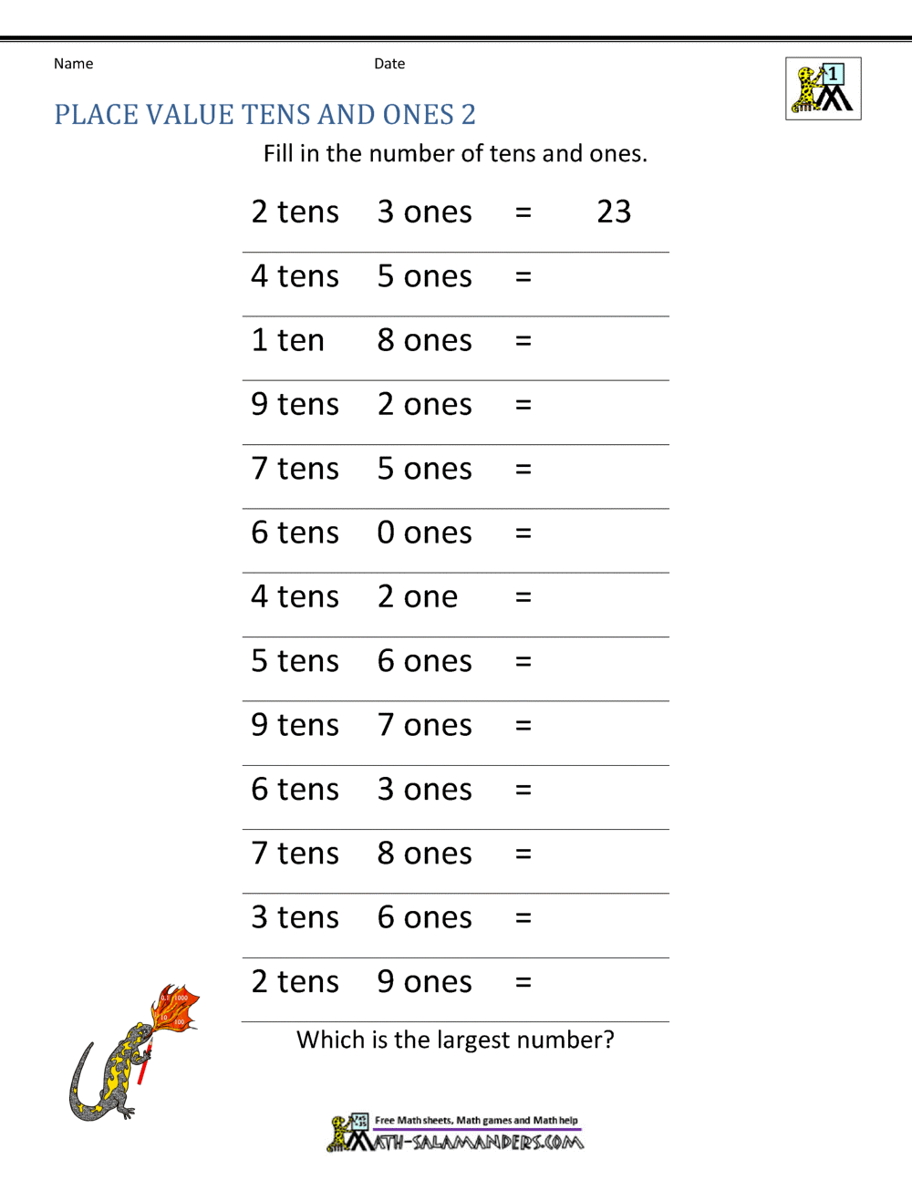 1st Grade Place Value Worksheets 2 Digit numbers