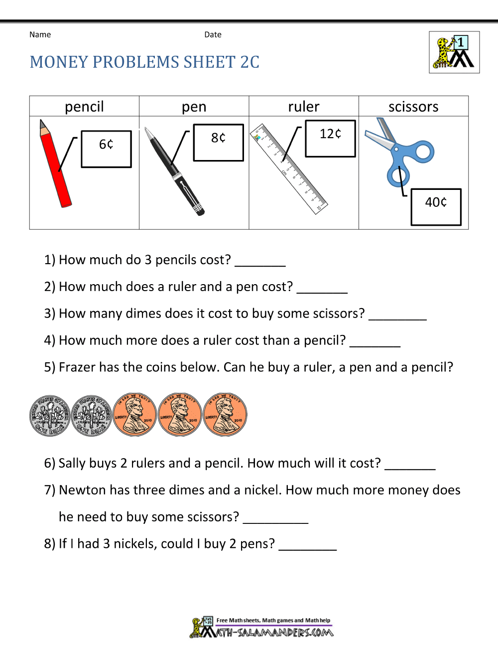 Money Worksheets for First Grade