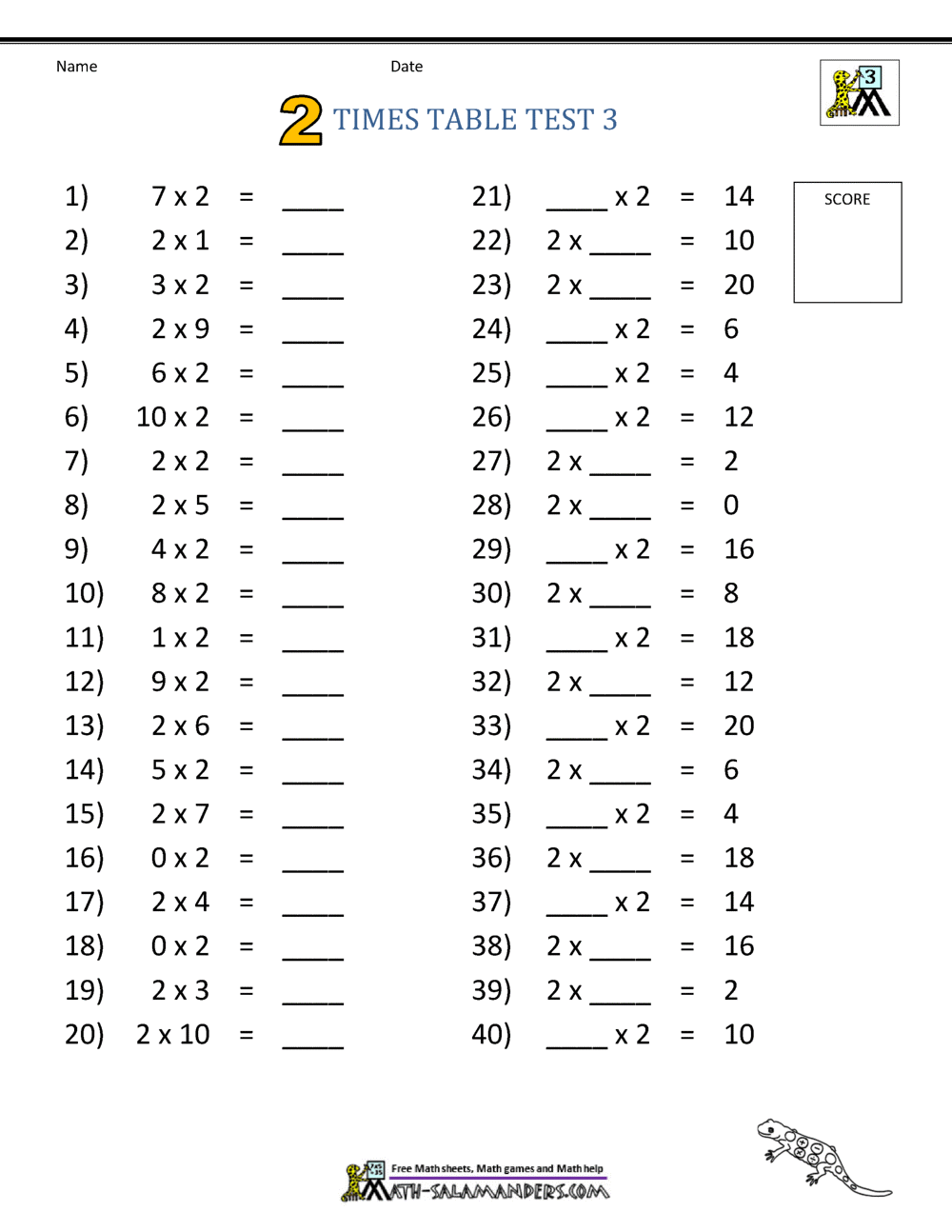Times Table Tests - 20 20 20 20 20 Times Tables For 2 Times Table Worksheet