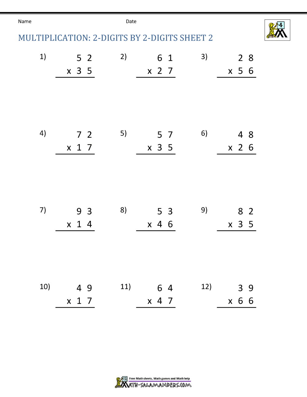 Multiplication Sheets 4th Grade