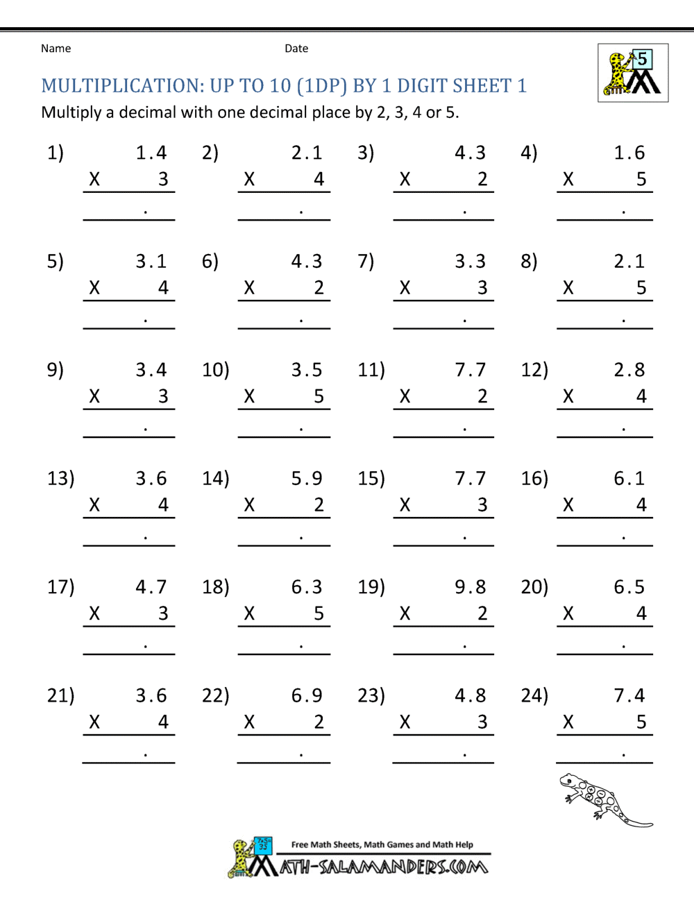 free 5th grade math sheets multiplication 2 digits decimals tenths by 1