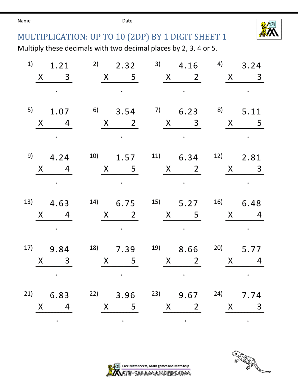 free 5th grade math worksheets multiplication 3 digits 2dp ...