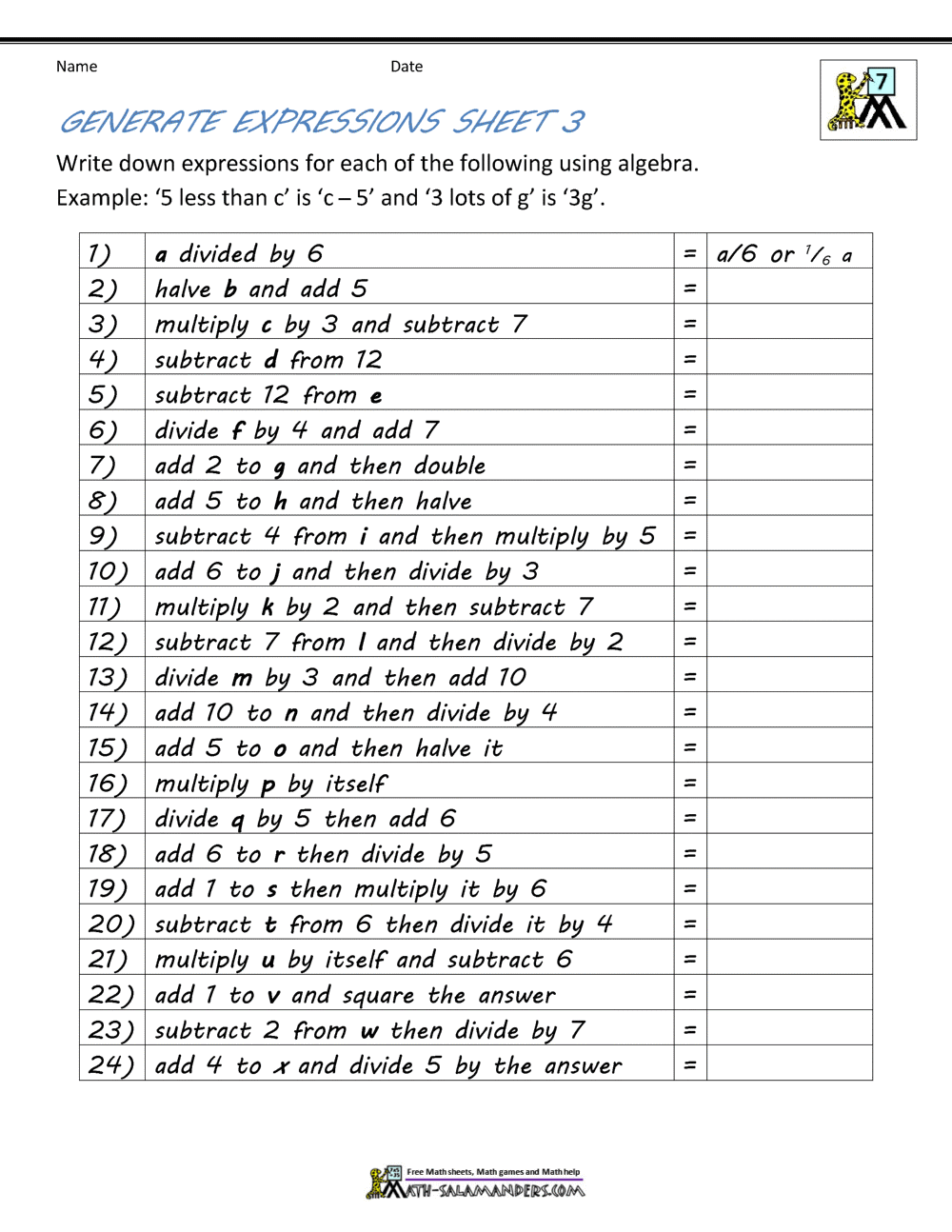 Basic Algebra Worksheets Within Writing Algebraic Expressions Worksheet