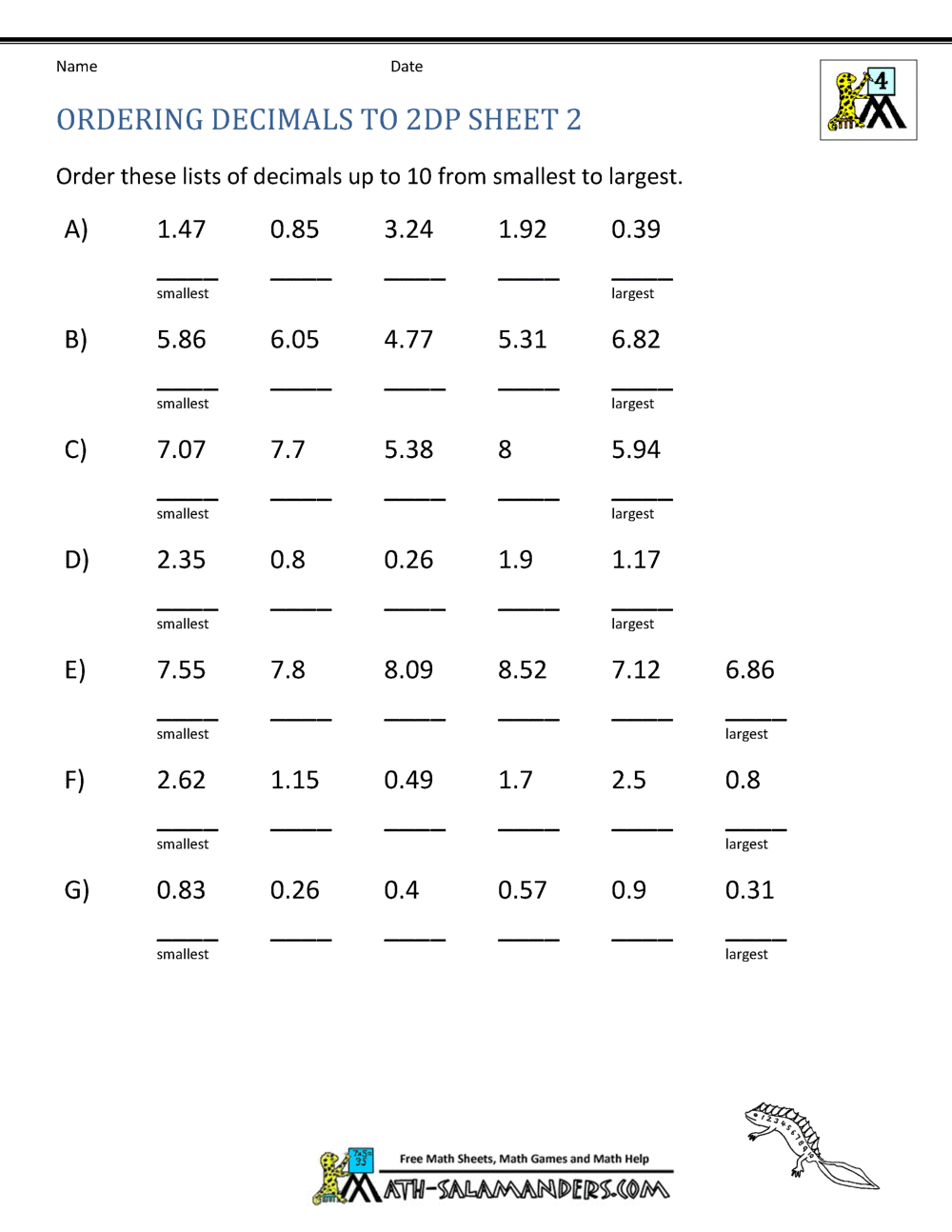 math worksheets 4th grade ordering decimals to 2dp
