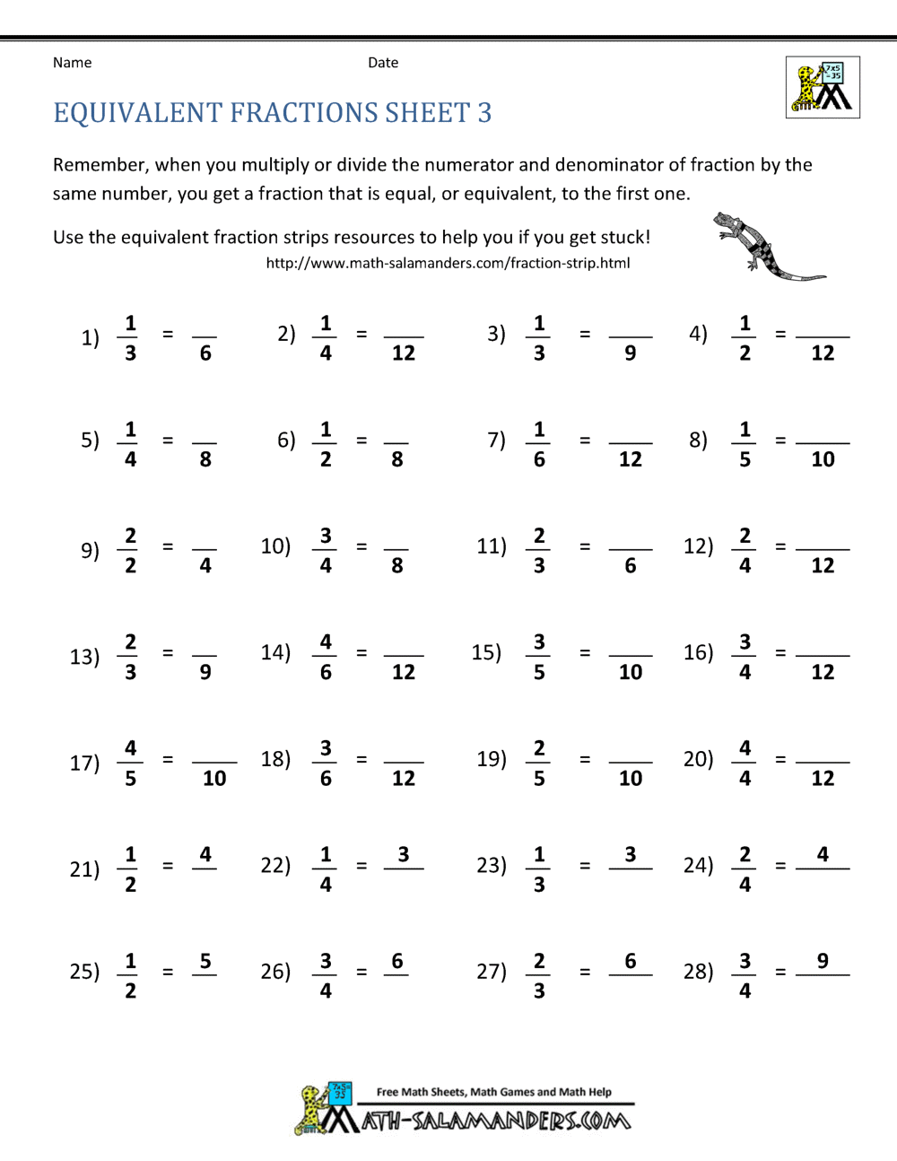 equivalent fractions worksheets images