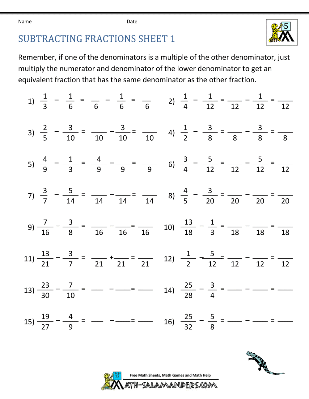 Free Printable Of Subtracting Mixed Fractions Worksheets
