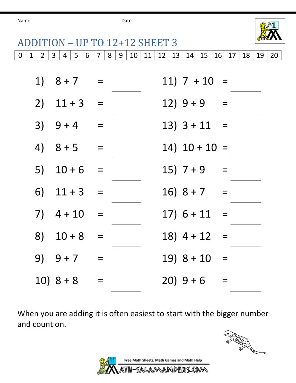 Learning Addition Facts Worksheets 1st Grade