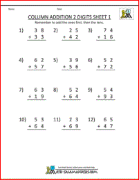 free math sheets column addition 2 digits carrying 1