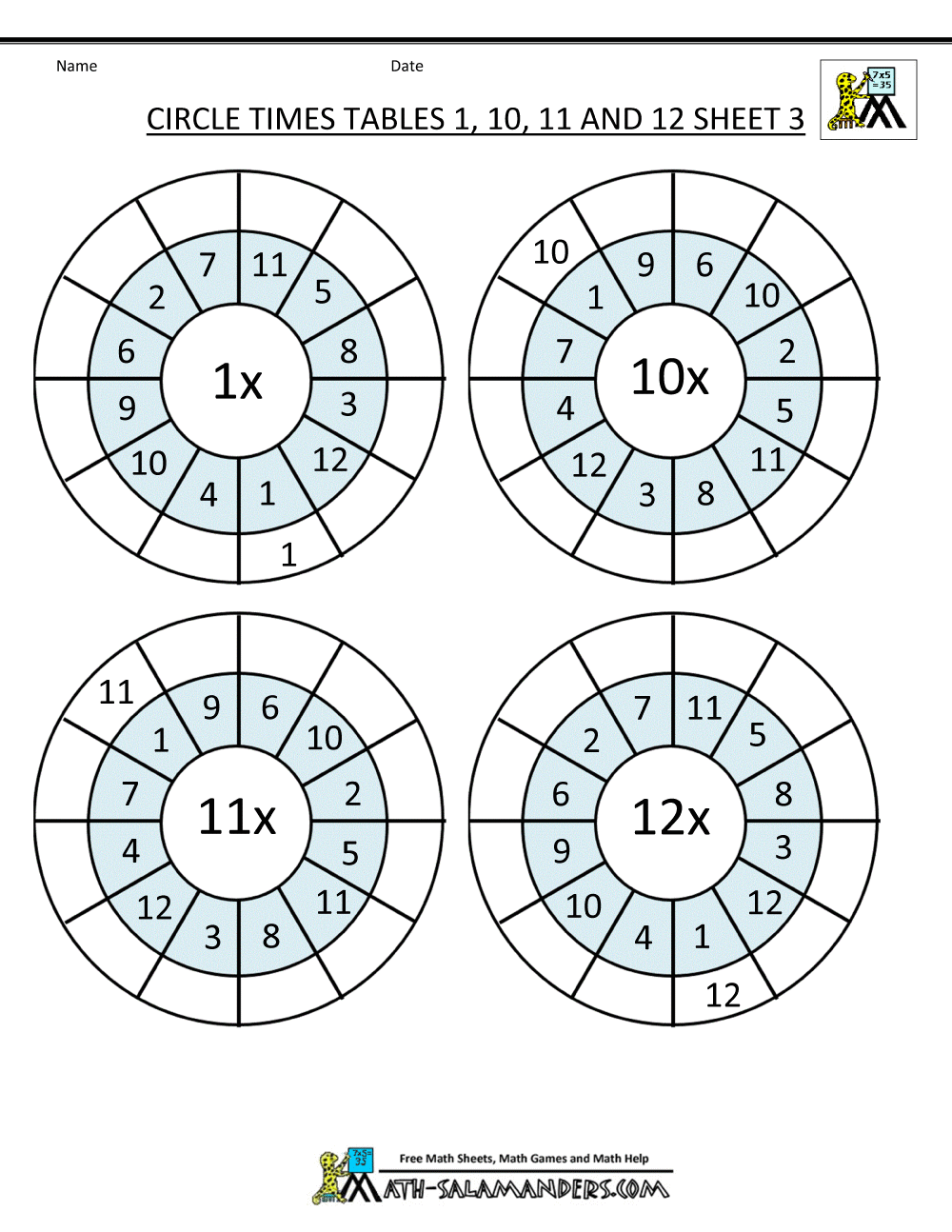 times table circle worksheets