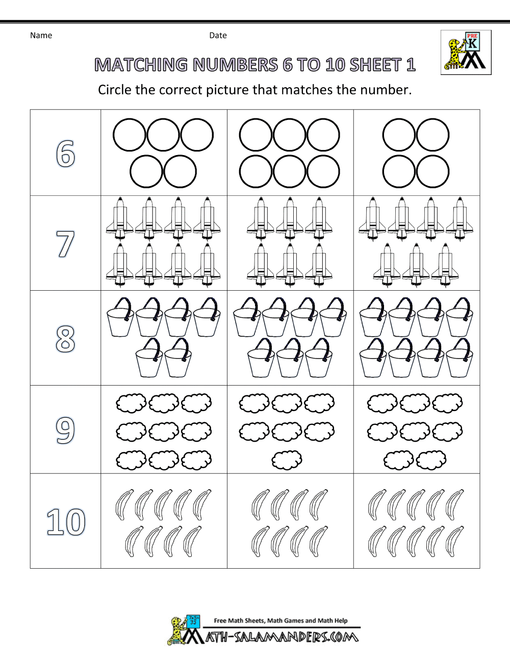 Pre k Math Worksheets Matching 6 to 10