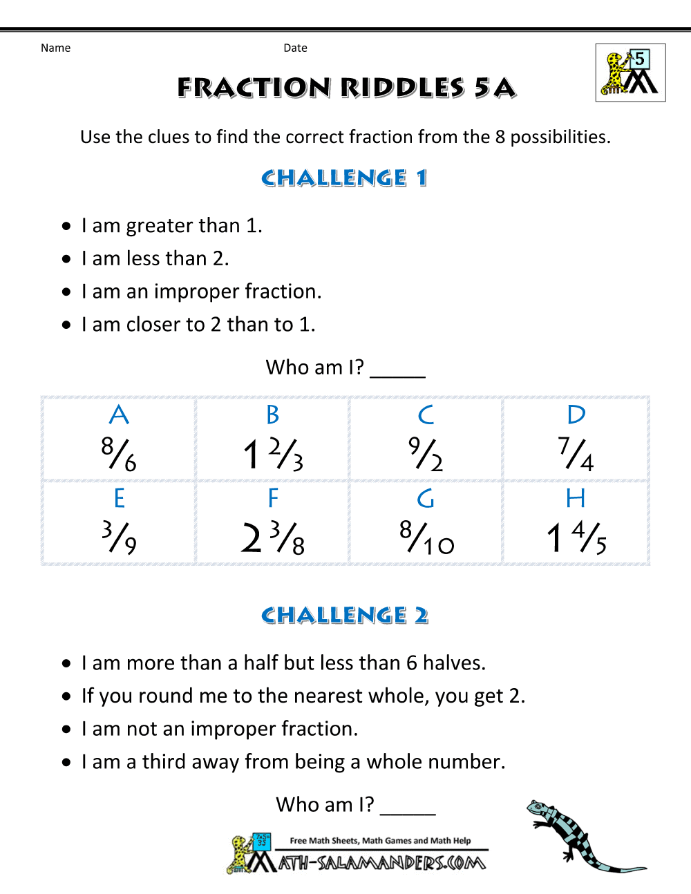 Free Printable Fraction Worksheets - Fraction Riddles (harder)