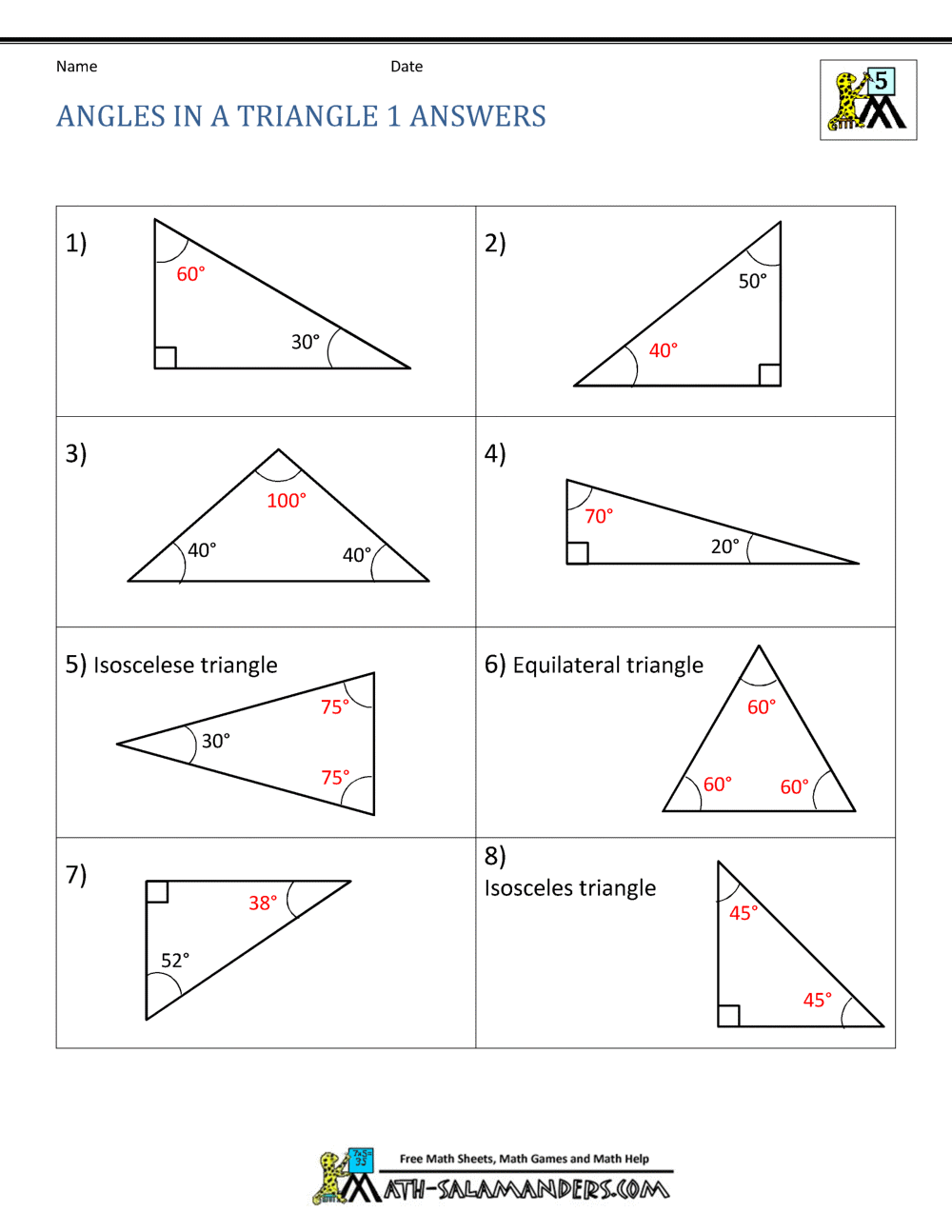 20th Grade Geometry Regarding Angles In A Triangle Worksheet