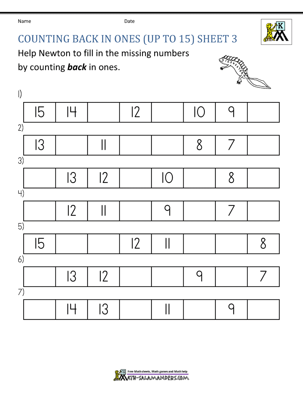 Kindergarten Counting Worksheet - Sequencing to 15