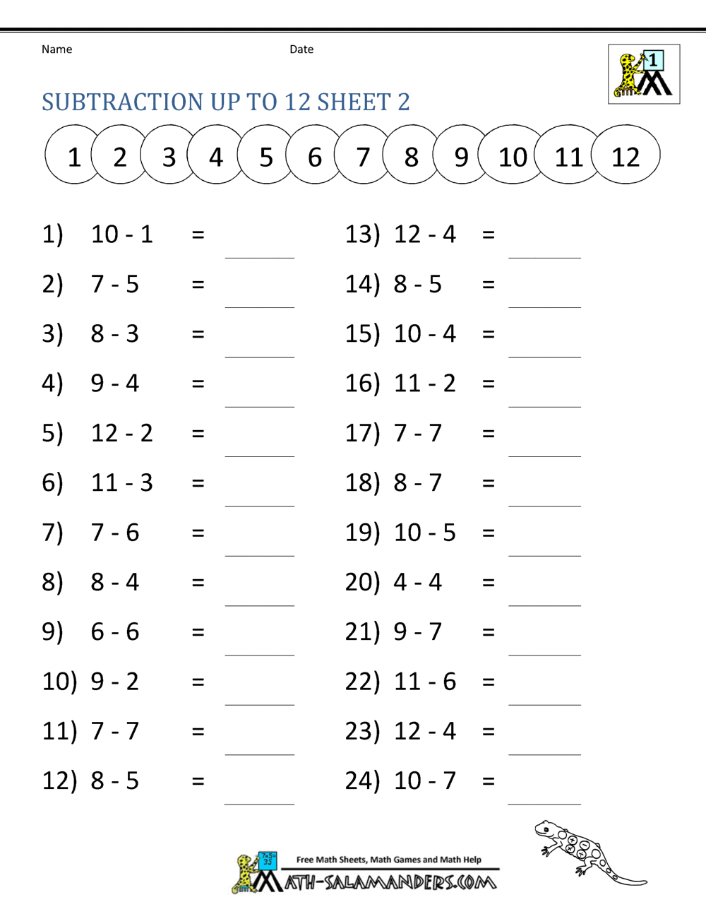 Subtraction Facts Worksheets 1st Grade