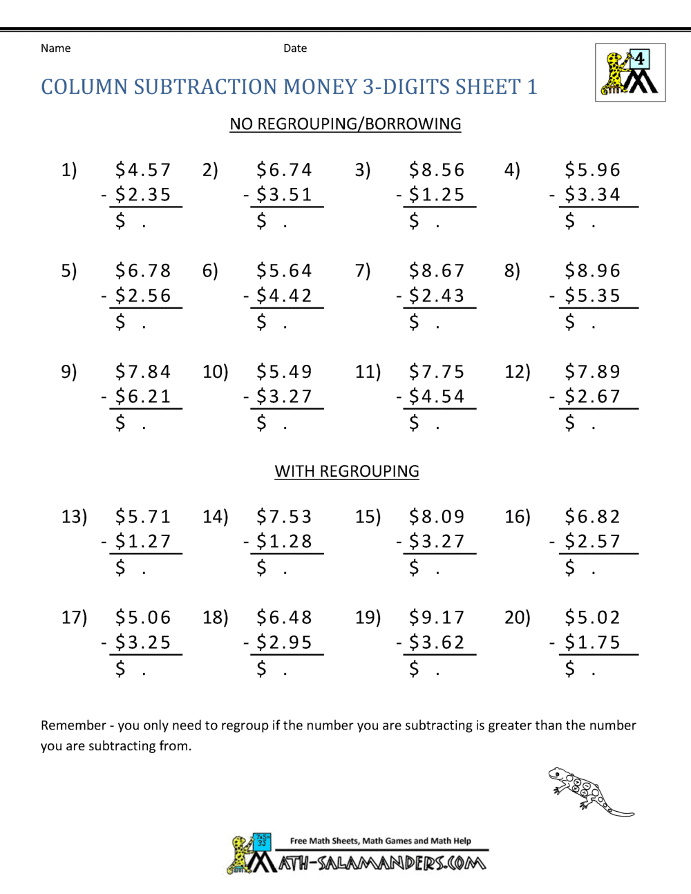 4th Grade Subtraction Worksheets
