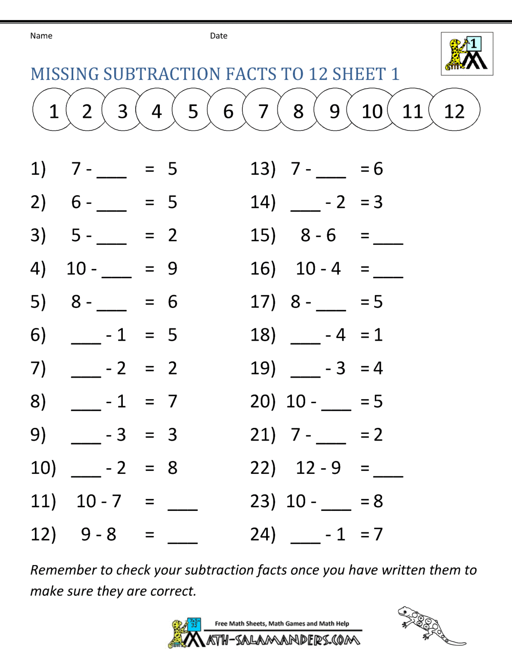 Math Subtraction Worksheets 1st Grade