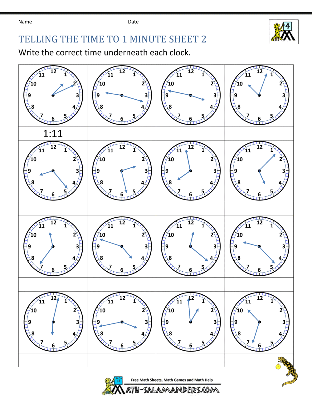 free time worksheets telling the time to 1 min 2