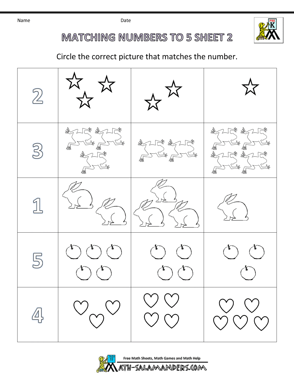 free worksheets preschool matching numbers to 5 2 - Printable Pre Kindergarten Worksheets