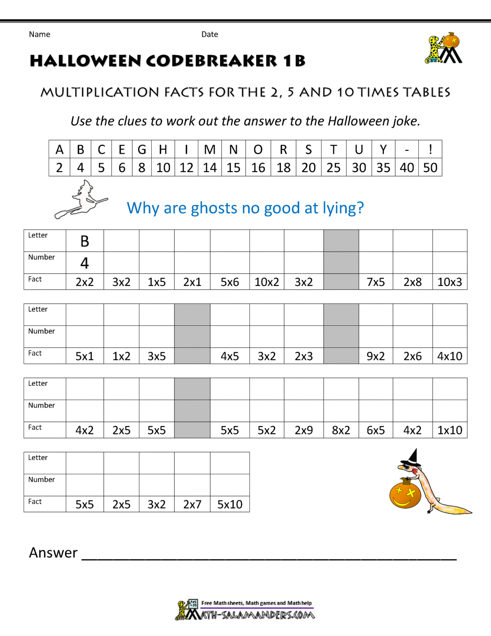 Free Halloween Math Worksheets Inside Get The Message Math Worksheet