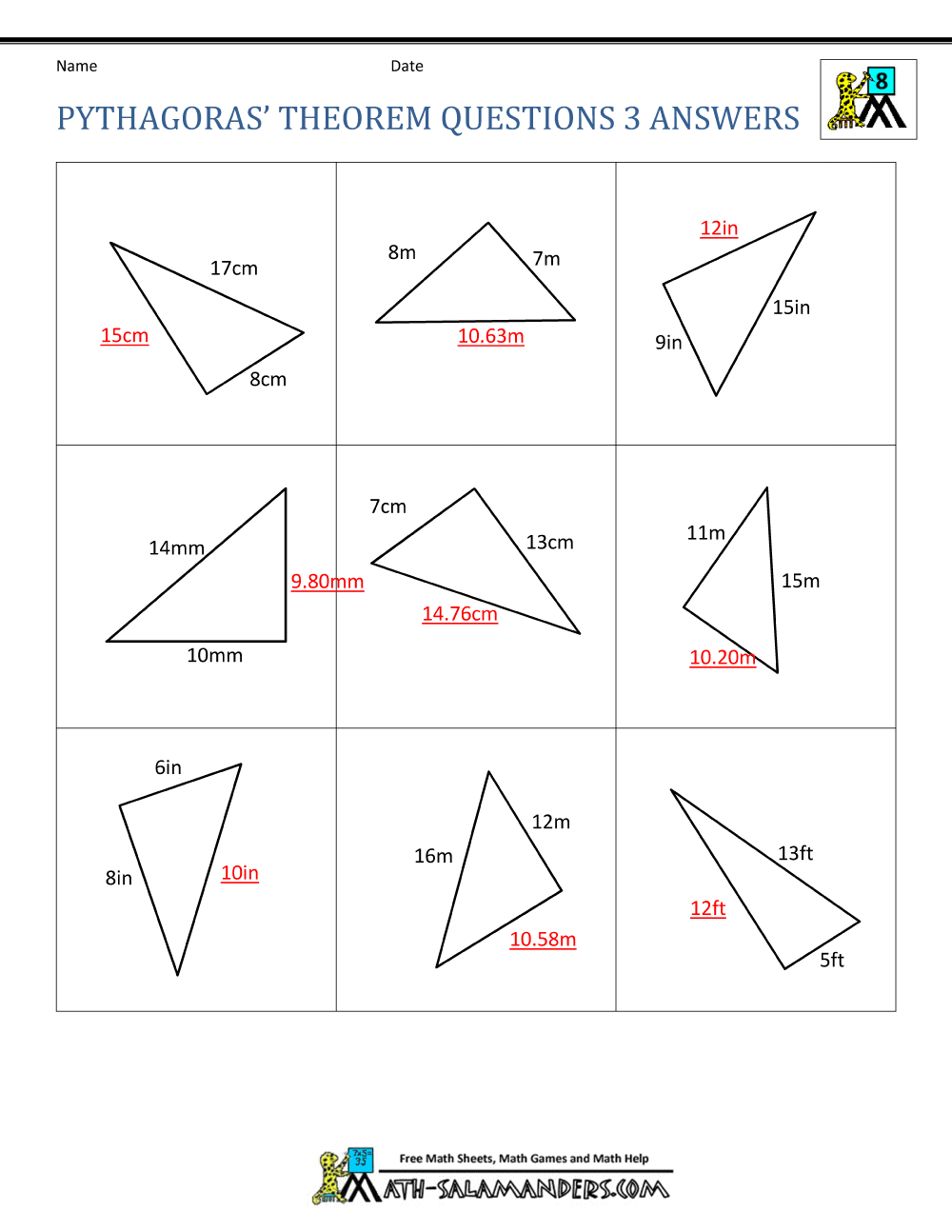 Pythagoras Theorem Questions Within Pythagorean Theorem Worksheet With Answers