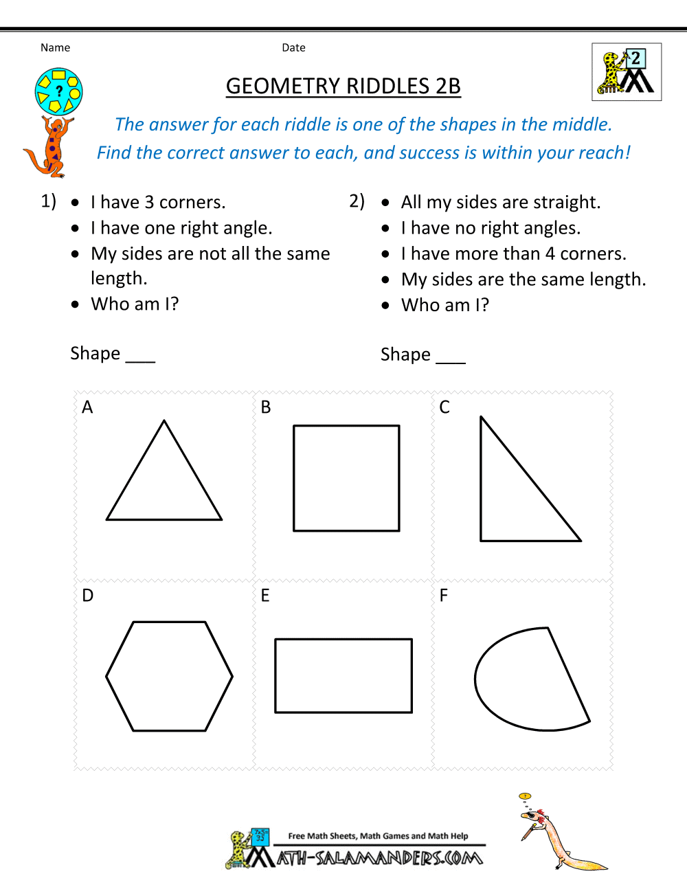 Printable Geometry Worksheets - Riddles For 2nd Grade Geometry Worksheet