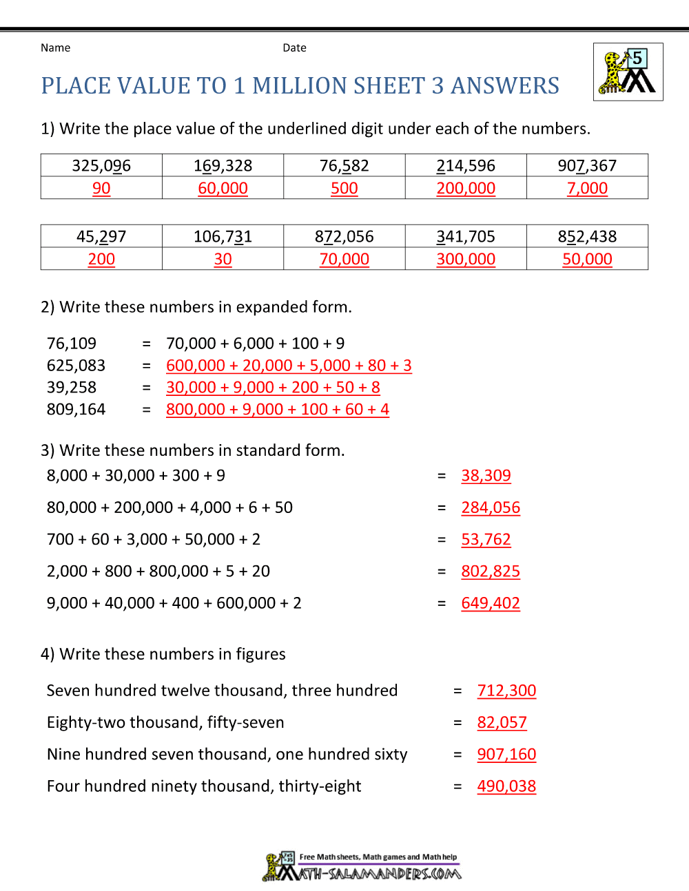 Place Value Worksheet - up to 29 million