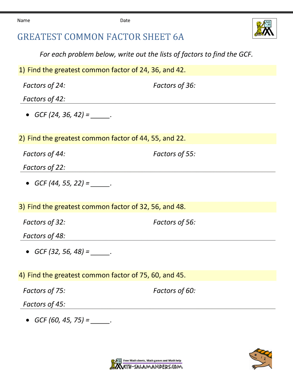 Greatest Common Factor Worksheet page Intended For Greatest Common Factor Worksheet