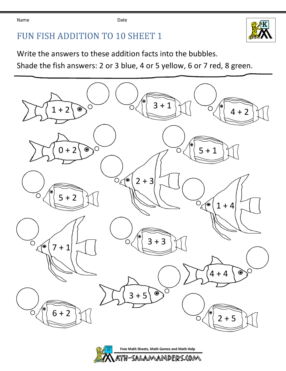 Addition Subtraction to 20 Coloring Sheets for Kindergarten