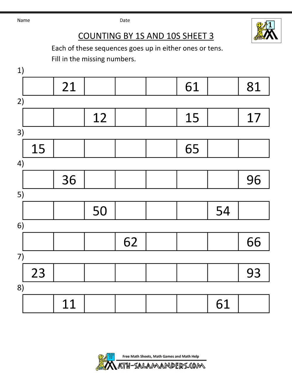 1st Grade Math Worksheets Counting by 1s 5s and 10s