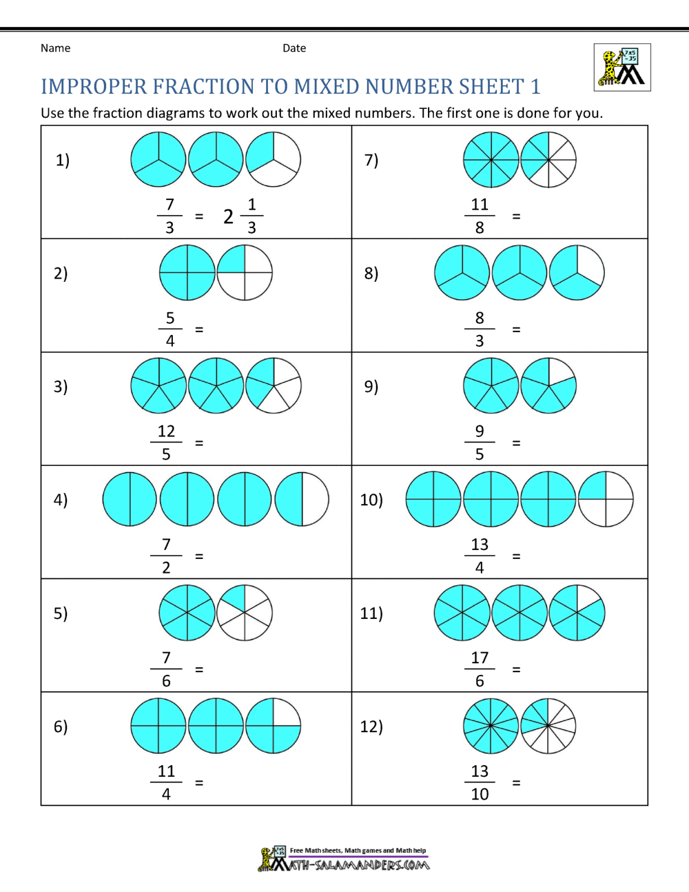 Improper Fraction Worksheets With Fractions Greater Than 1 Worksheet