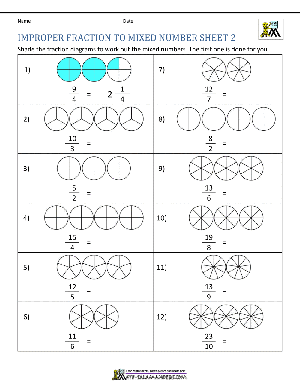 Improper Fractions To Mixed Numbers Worksheet Grade 5
