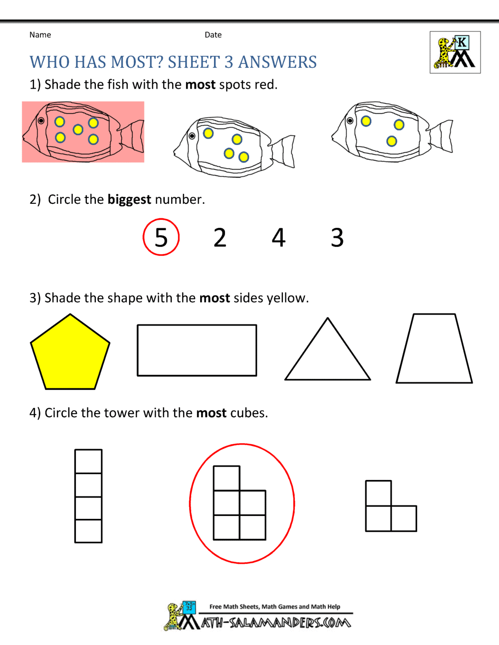 Printable Kindergarten Math Worksheets Comparing Numbers and Size
