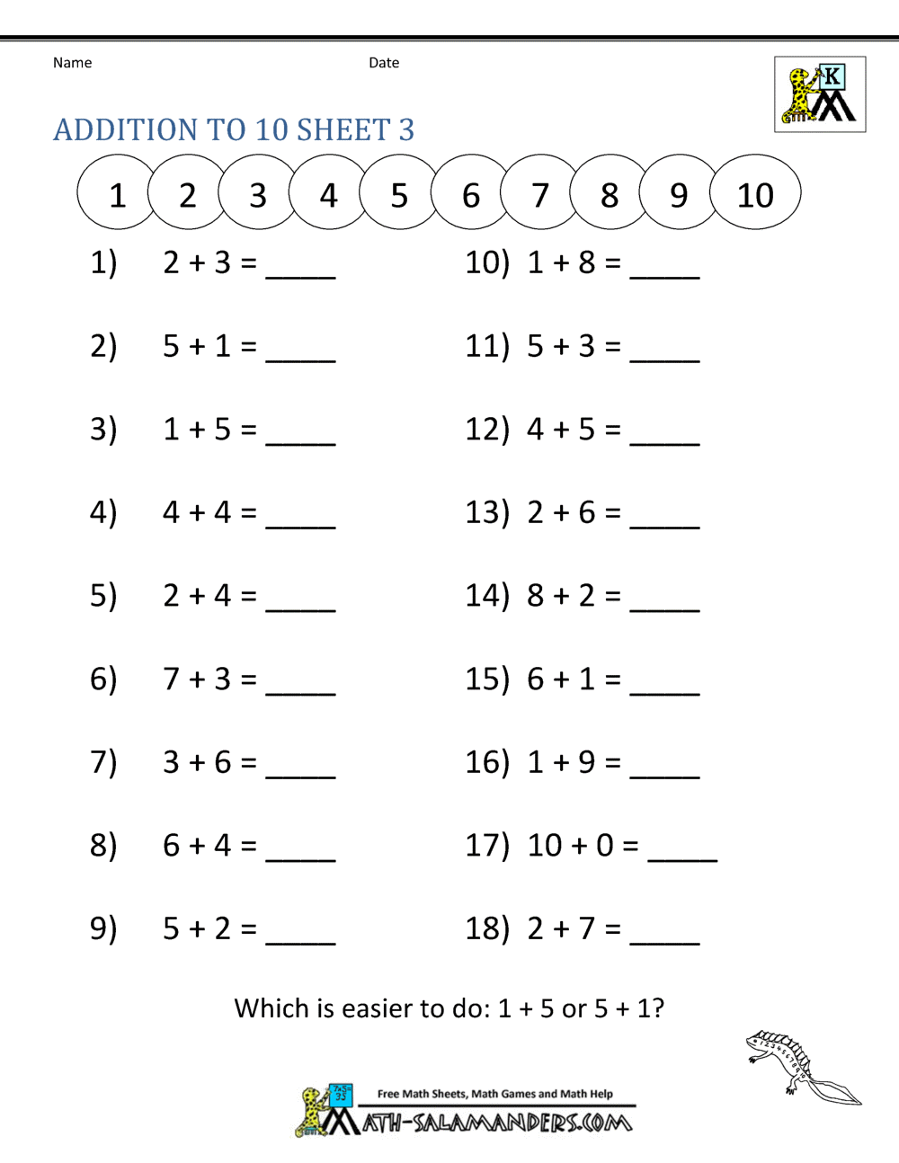 Addition and Subtraction Worksheets for Kindergarten