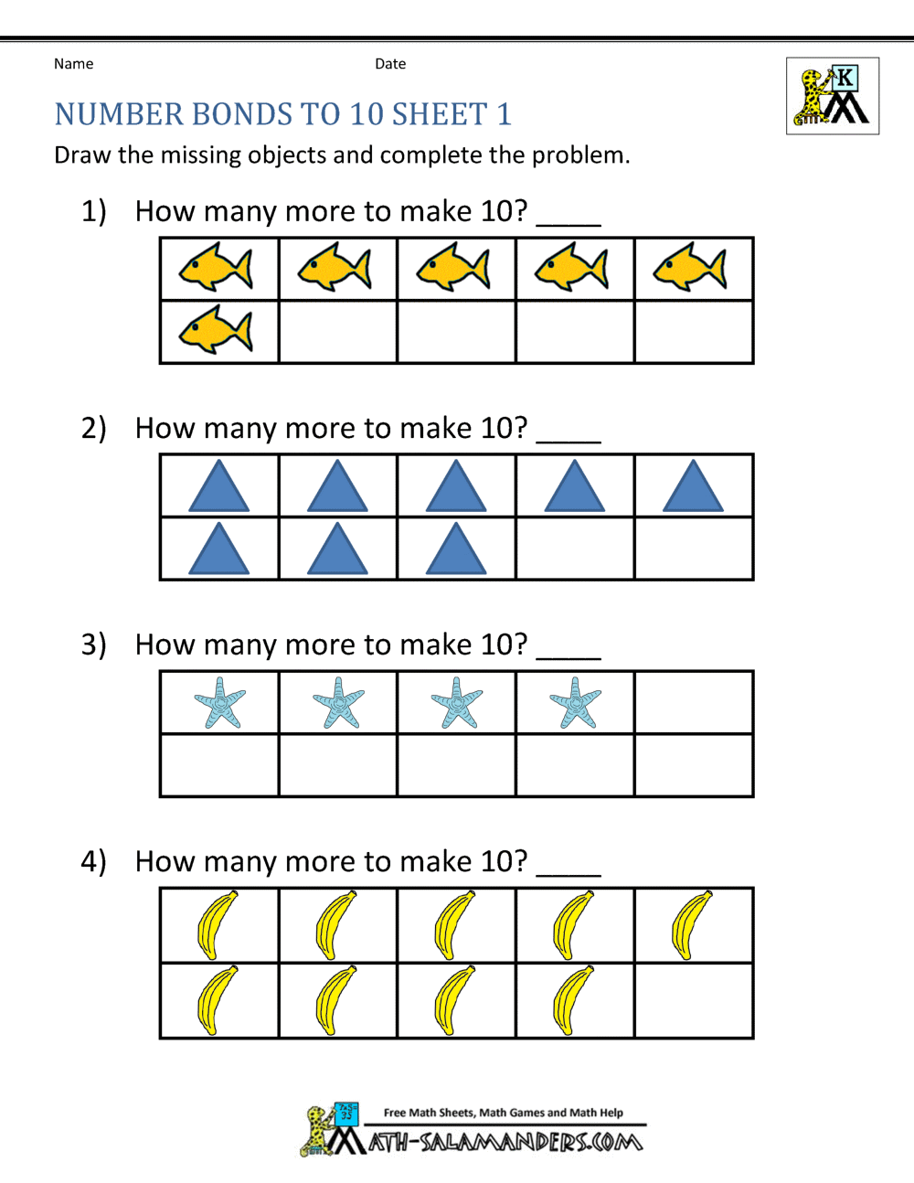 Number Bonds to 20 Worksheets Throughout Number Bonds To 10 Worksheet