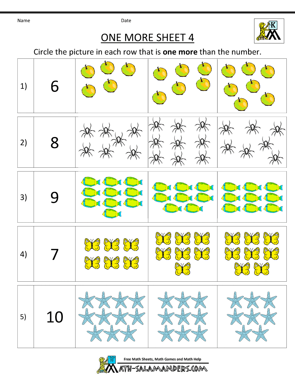 Kindergarten Math Worksheets Printable One More