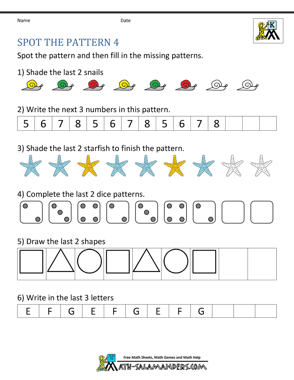 pattern fun worksheets for kindergarten Worksheets kindergarten math spot test patterns pattern pdf sheet salamanders quotes knowledge answers version