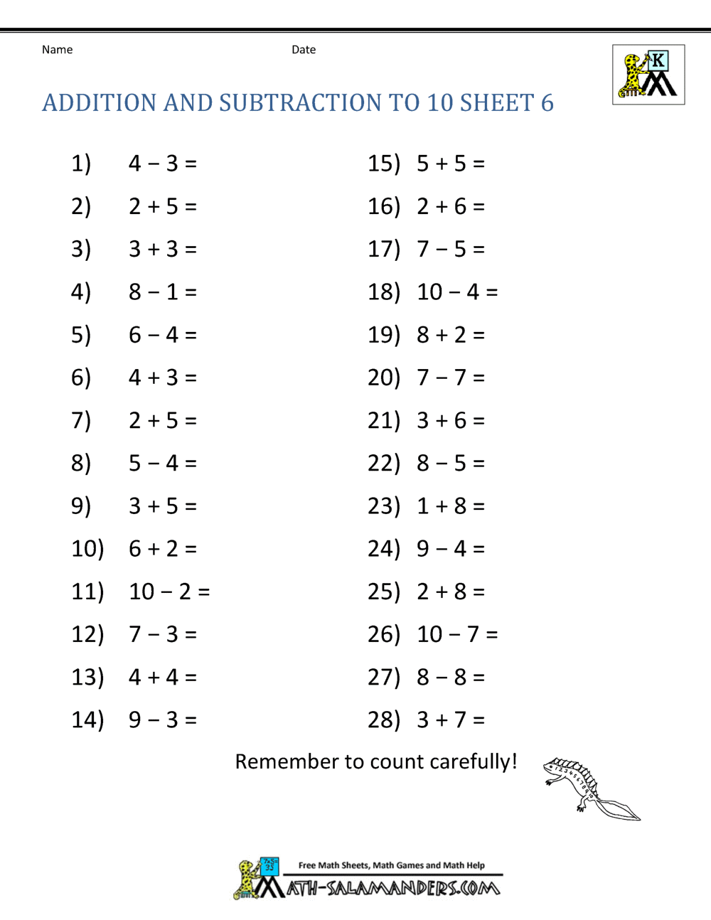 kindergarten number worksheets addition subtraction to 10 6 - Subtracting For Kindergarten
