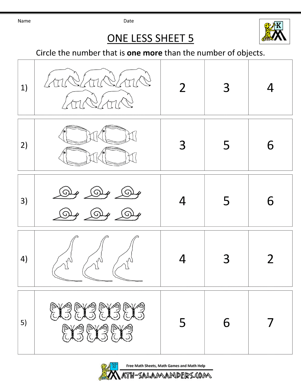 kindergarten number worksheets one less 5bw - Math For Kindergarten Free