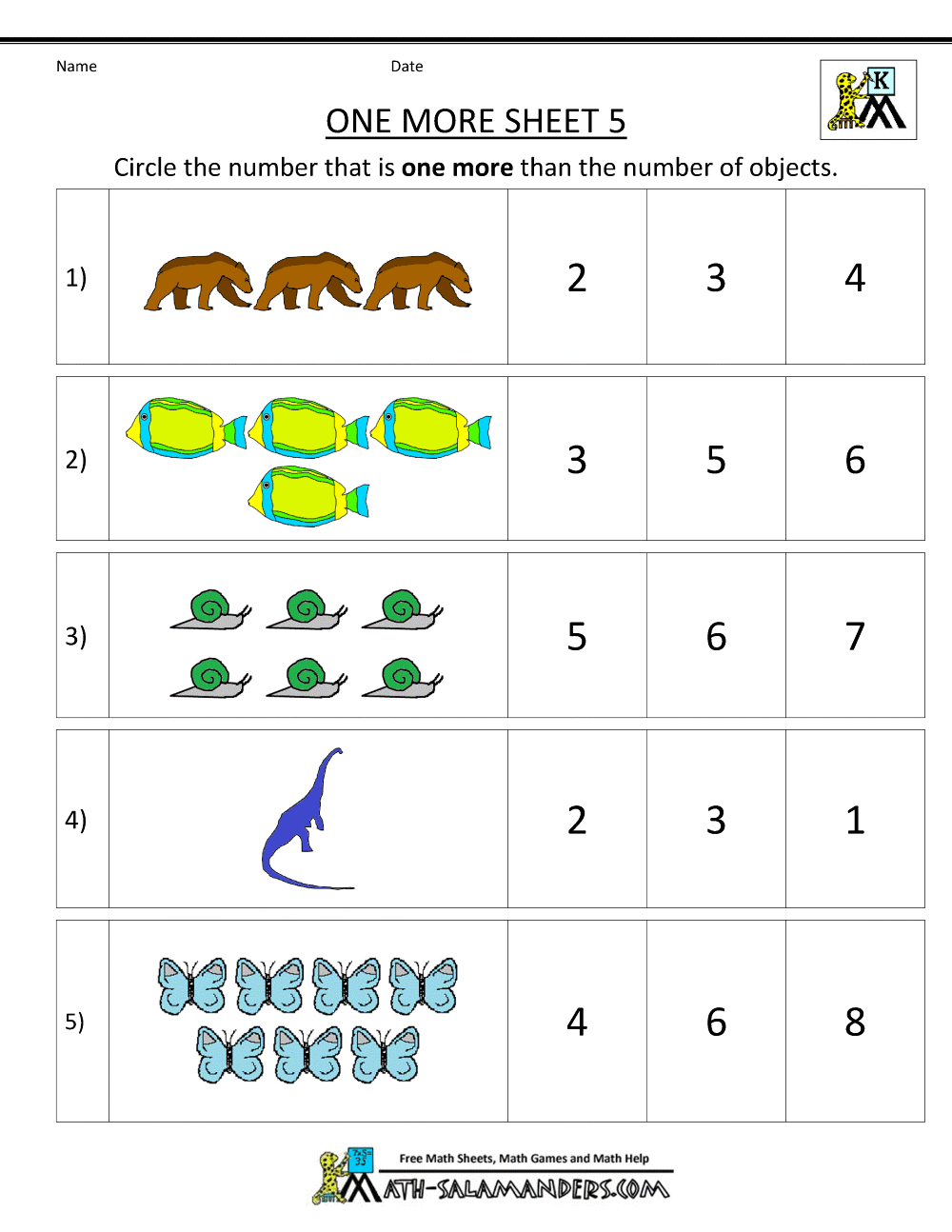 Kindergarten Math Worksheets Printable - One More