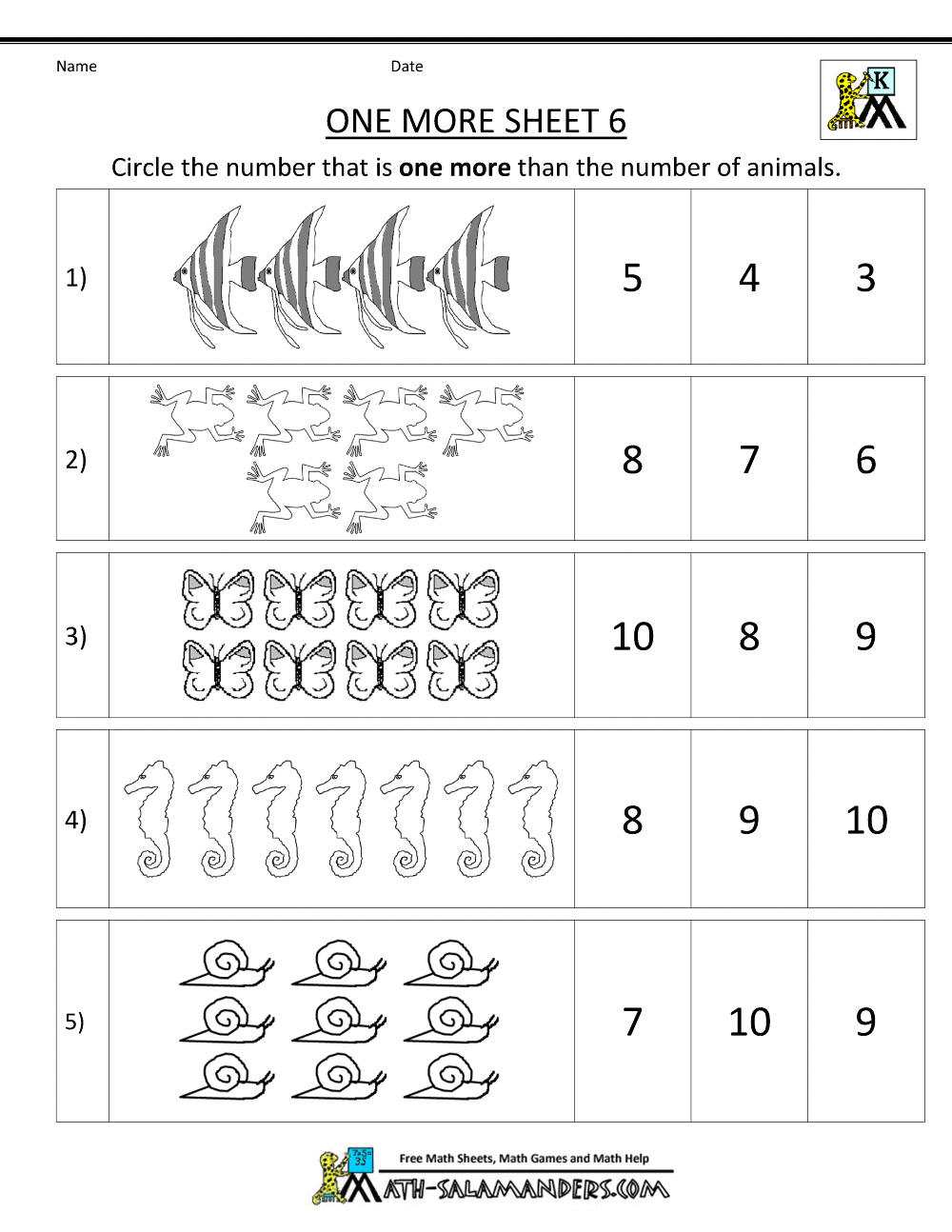 Kindergarten Math Worksheets Printable - One More