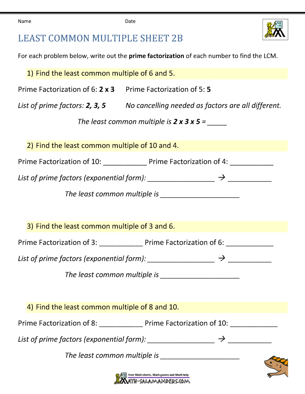 Least Common Multiple Worksheets page Throughout Least Common Multiple Worksheet