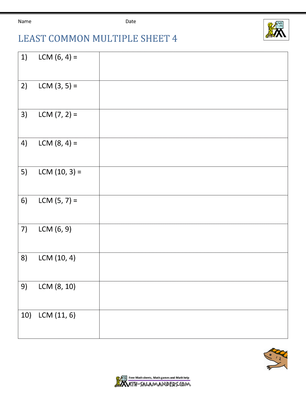 Least Common Multiple Worksheets page