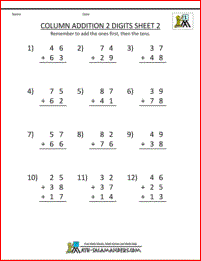 math addition sheets column addition 2 digits carrying 2