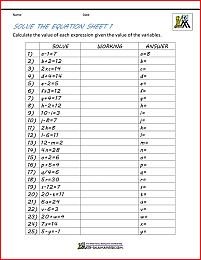 math algebra worksheets solve the equation 1