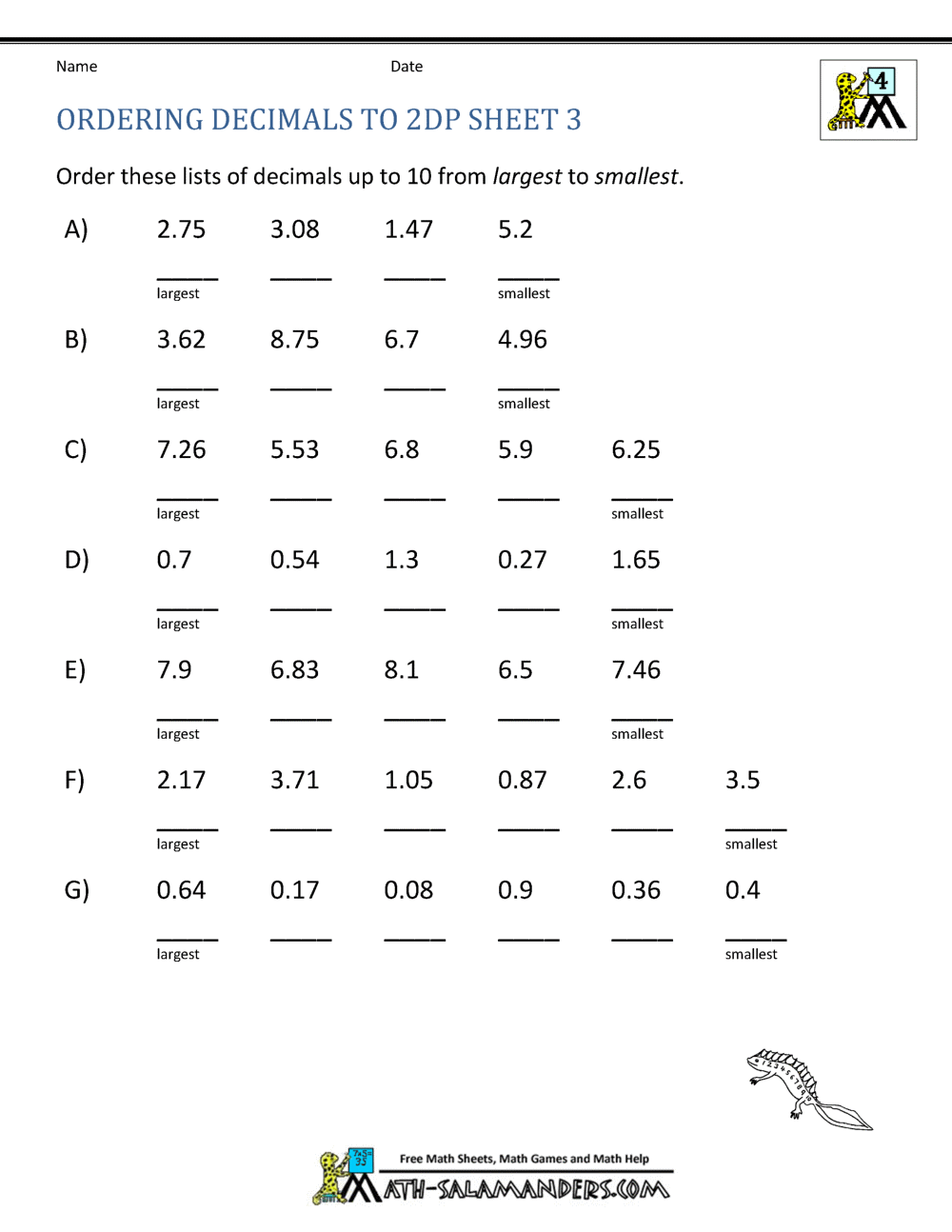 Math Worksheets 4th Grade Ordering Decimals to 2dp