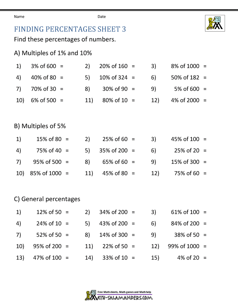 7th grade percentage worksheets with answers